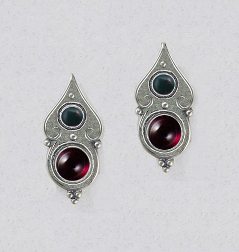 Sterling Silver Gothic Look Post Stud Earrings With Garnet Bloodstone And Garnet Bloodstone